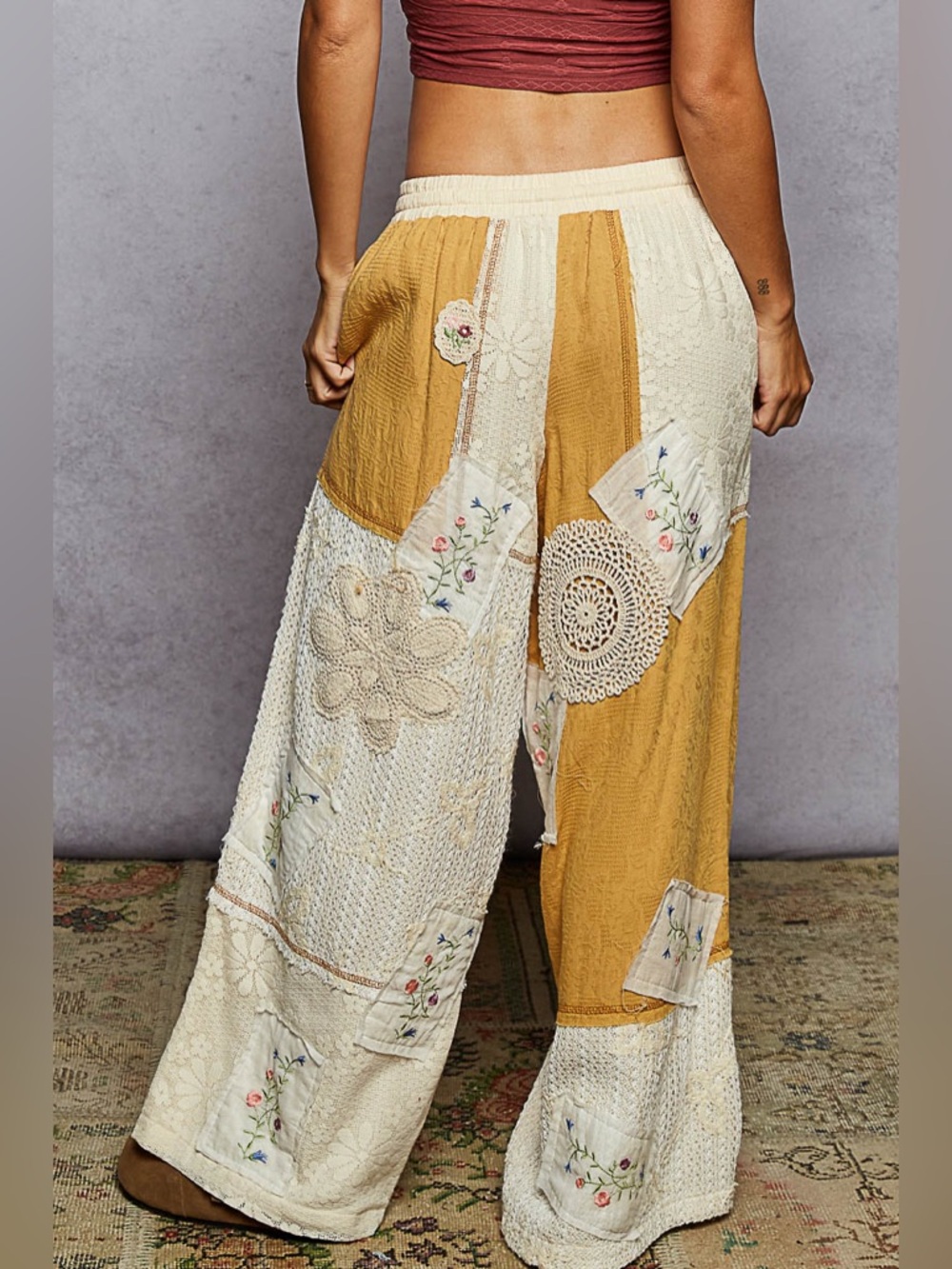 POL Patchwork Cream and Mustard Top and Wide-Leg pant set - Picture 4 of 12